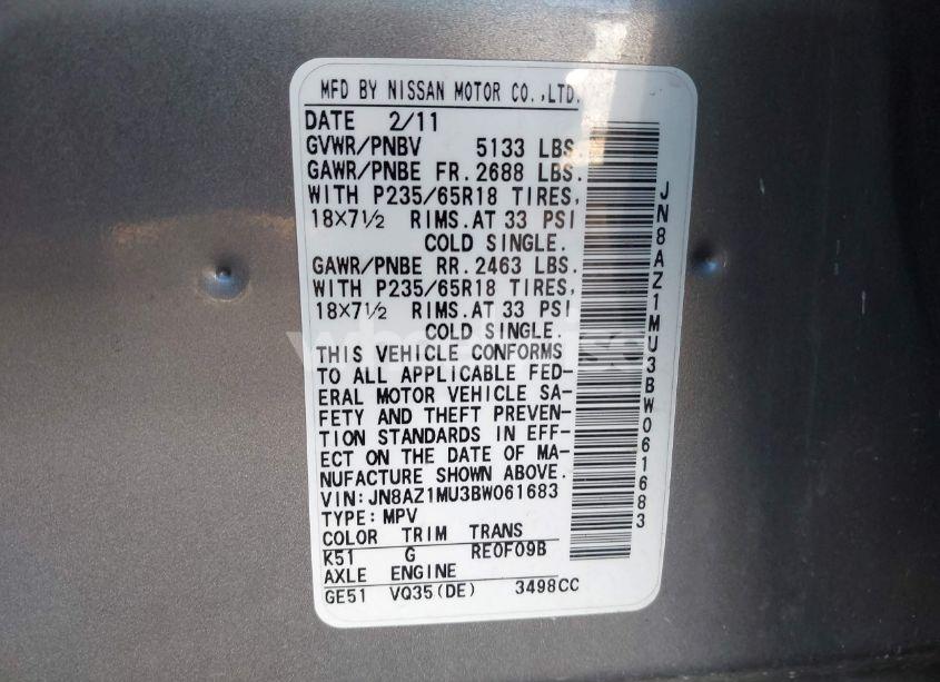 Photo 7 of 2011 Nissan Murano SV (VIN JN8AZ1MU3BW061683)