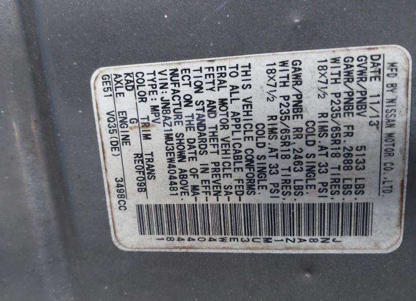 Photo 4 of 2014 Nissan Murano SL (VIN JN8AZ1MU3EW404481)