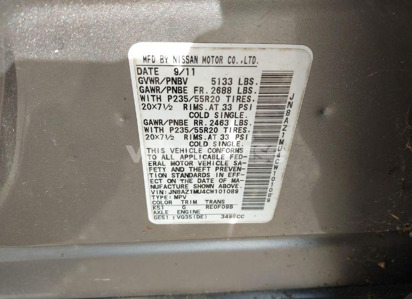 Photo 9 of 2012 Nissan Murano LE (VIN JN8AZ1MU4CW101089)