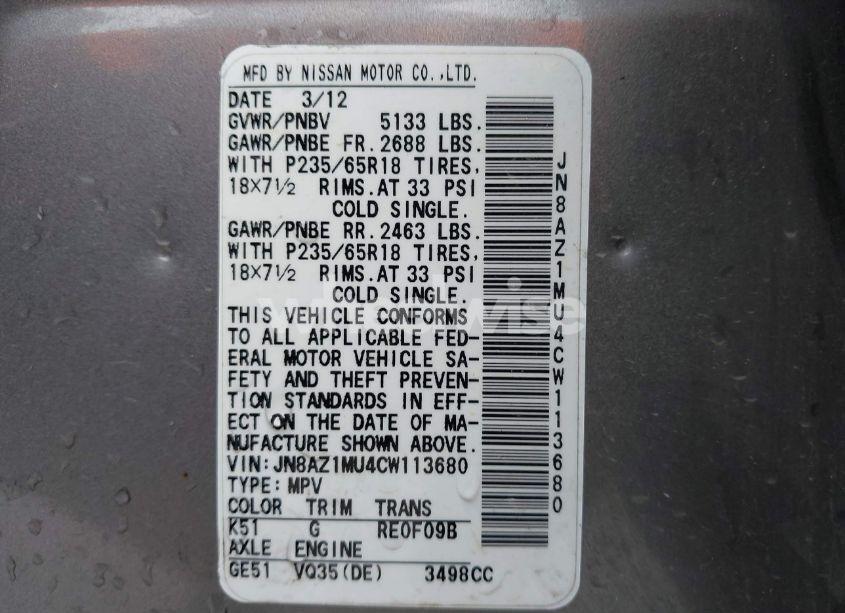 Photo 6 of 2012 Nissan Murano S (VIN JN8AZ1MU4CW113680)