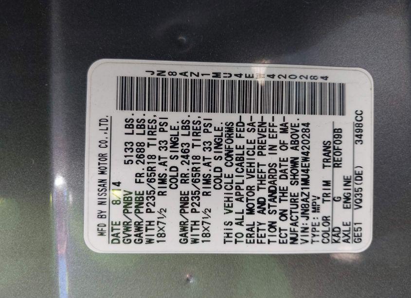 Photo 4 of 2014 Nissan Murano SL (VIN JN8AZ1MU4EW420284)