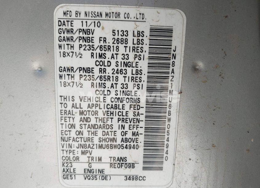 Photo 9 of 2011 Nissan Murano S (VIN JN8AZ1MU6BW054940)