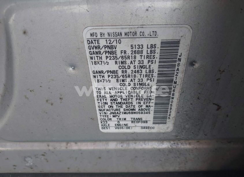 Photo 4 of 2011 Nissan Murano S/SL/LE (VIN JN8AZ1MU6BW059345)