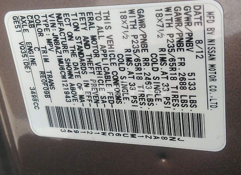 Photo 9 of 2012 Nissan Murano SL (VIN JN8AZ1MU6CW121943)