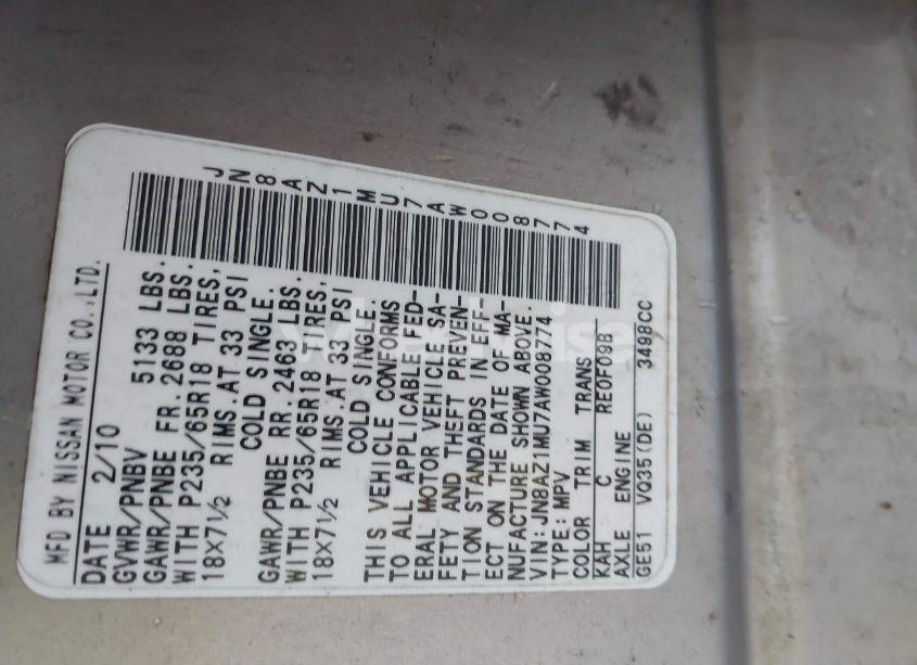 Photo 3 of 2010 Nissan Murano S (VIN JN8AZ1MU7AW008774)