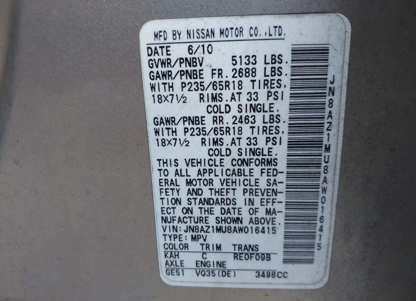 Photo 6 of 2010 Nissan Murano SL (VIN JN8AZ1MU8AW016415)