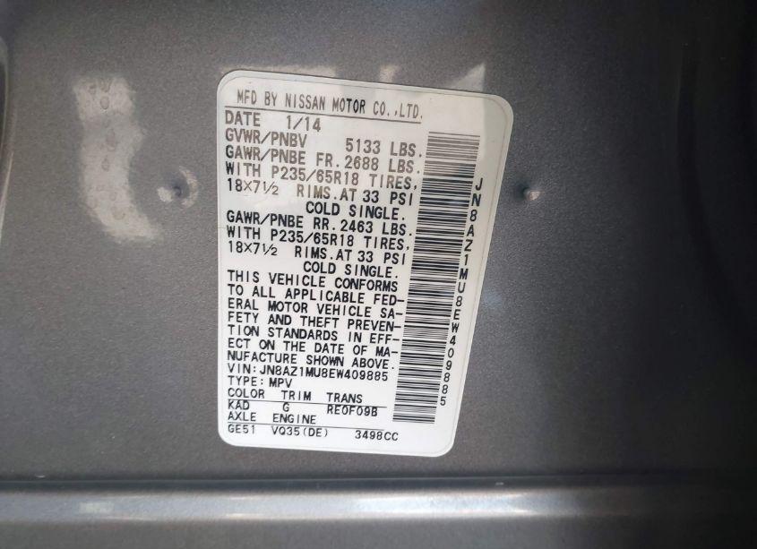 Photo 4 of 2014 Nissan Murano LE/S/SL/SV (VIN JN8AZ1MU8EW409885)