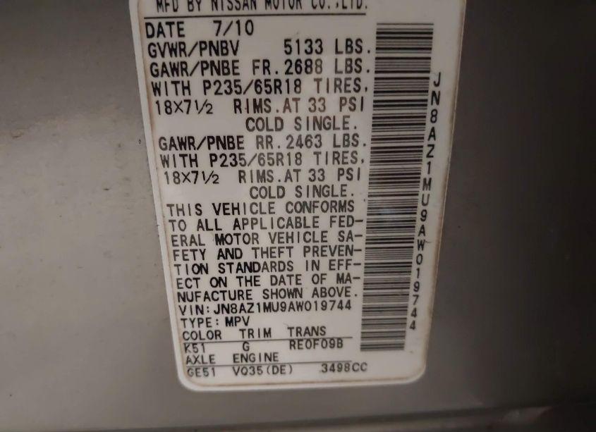 Photo 3 of 2010 Nissan Murano SL (VIN JN8AZ1MU9AW019744)