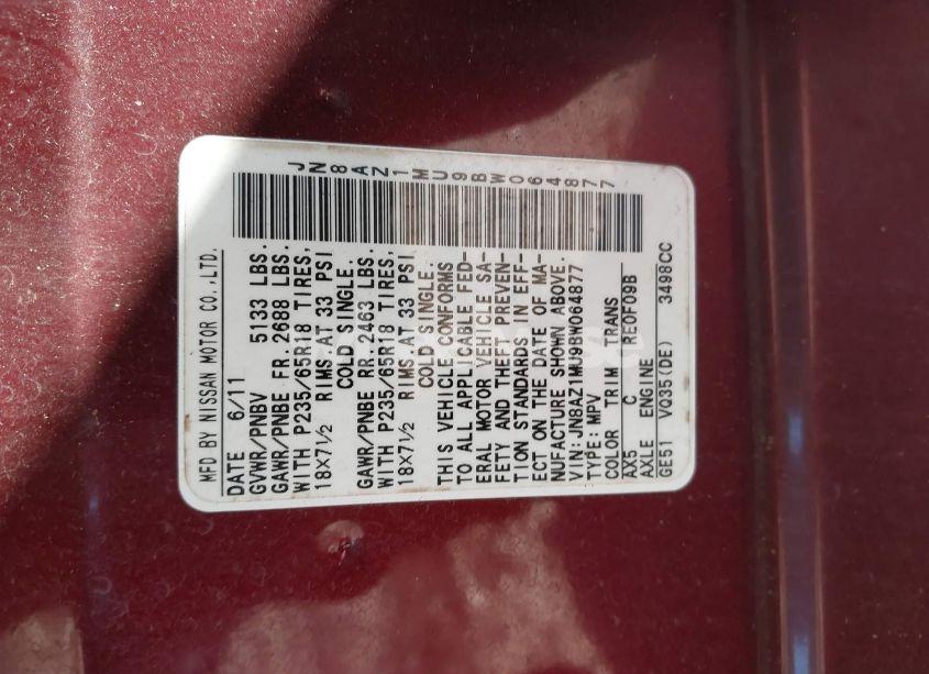 Photo 4 of 2011 Nissan Murano S (VIN JN8AZ1MU9BW064877)