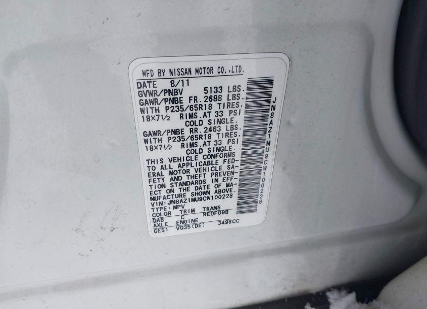 Photo 3 of 2012 Nissan Murano SL (VIN JN8AZ1MU9CW100228)