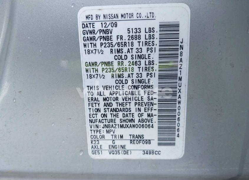 Photo 4 of 2010 Nissan Murano SL (VIN JN8AZ1MUXAW006064)