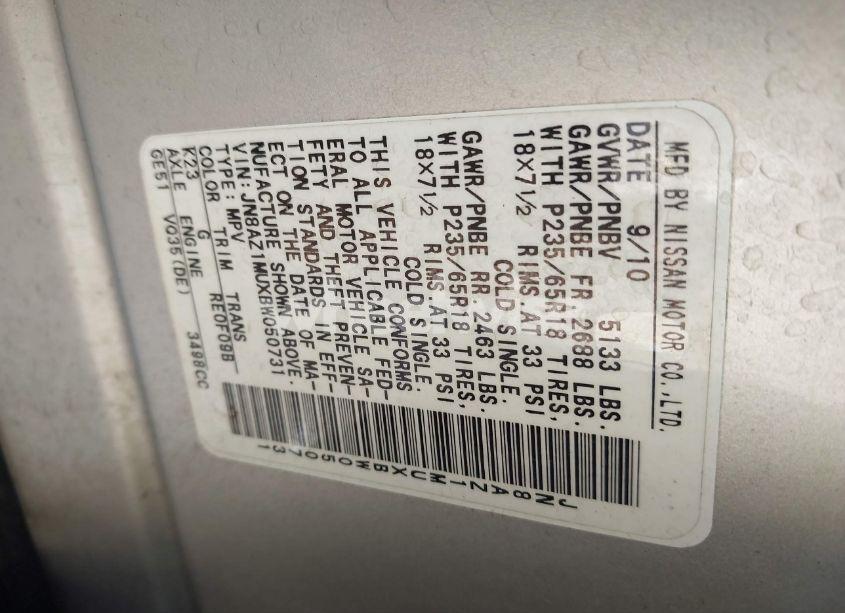 Photo 4 of 2011 Nissan Murano SL (VIN JN8AZ1MUXBW050731)