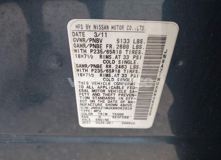 Photo 9 of 2011 Nissan Murano S (VIN JN8AZ1MUXBW062829)