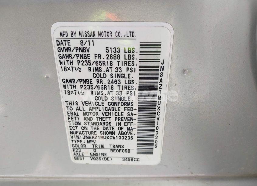 Photo 9 of 2012 Nissan Murano S (VIN JN8AZ1MUXCW100206)