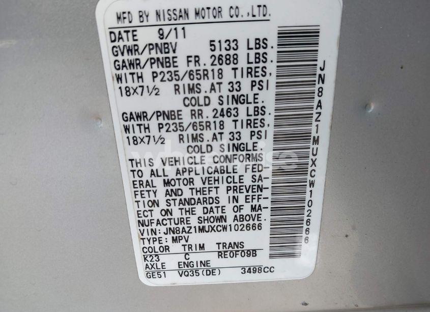 Photo 2 of 2012 Nissan Murano S (VIN JN8AZ1MUXCW102666)