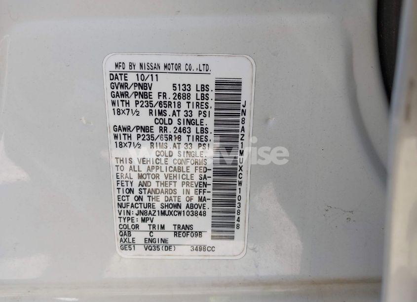 Photo 3 of 2012 Nissan Murano SL (VIN JN8AZ1MUXCW103848)