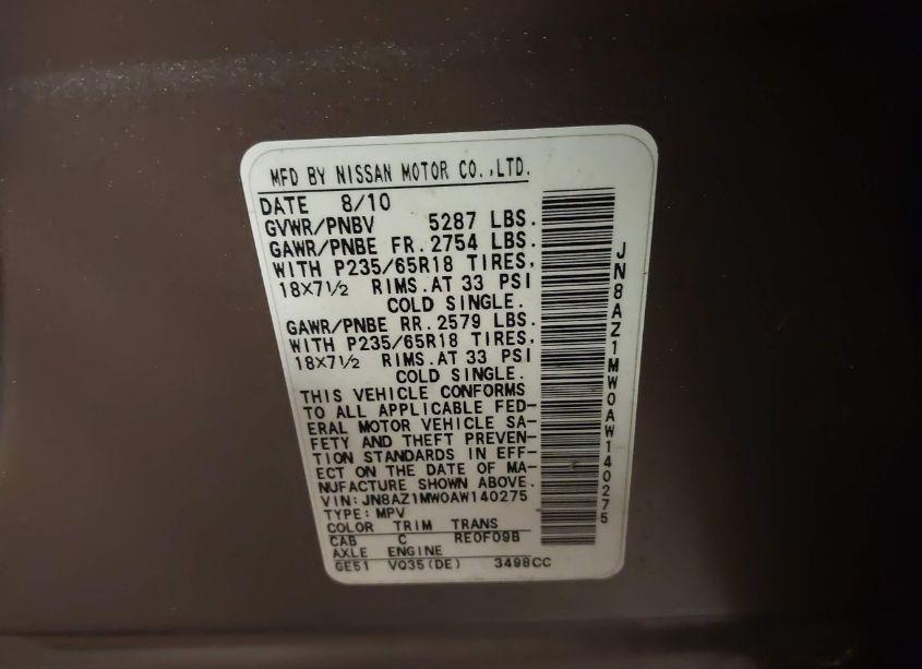 Photo 4 of 2010 Nissan Murano SL (VIN JN8AZ1MW0AW140275)