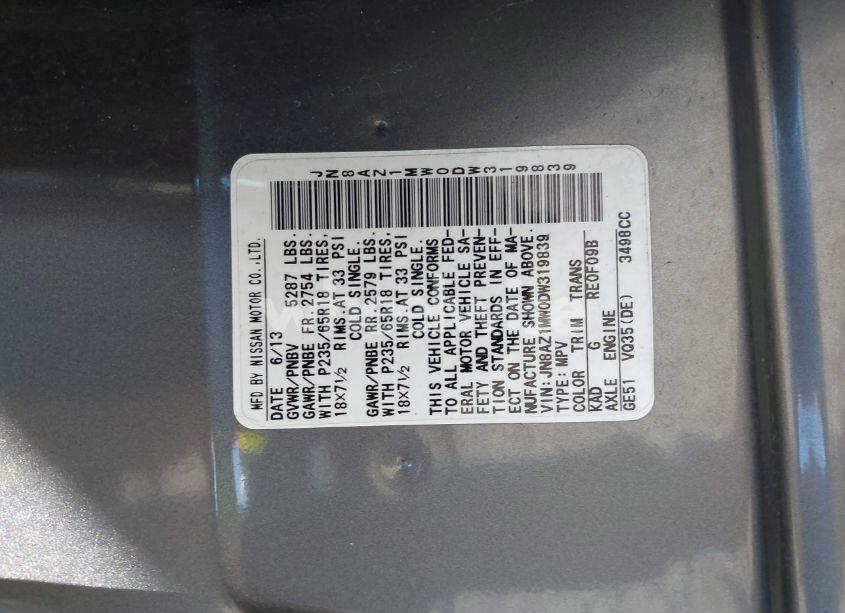 Photo 9 of 2013 Nissan Murano SL (VIN JN8AZ1MW0DW319839)