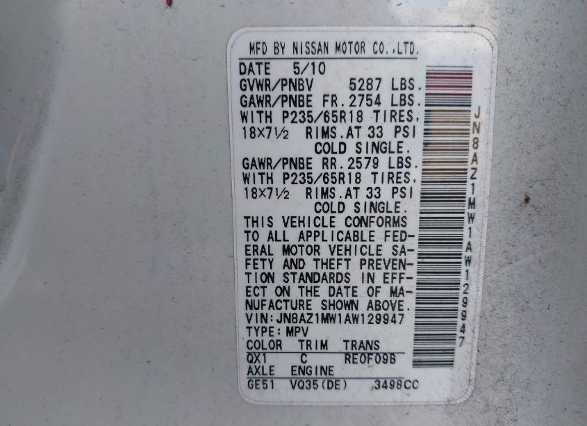 Photo 3 of 2010 Nissan Murano S (VIN JN8AZ1MW1AW129947)