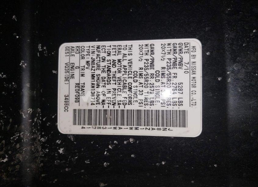 Photo 2 of 2010 Nissan Murano LE (VIN JN8AZ1MW1AW138714)