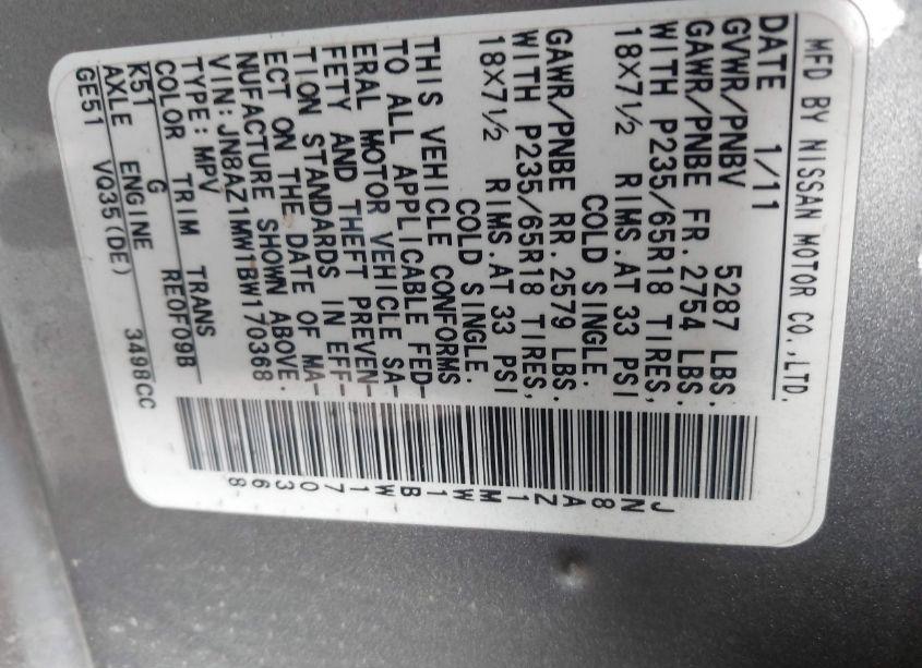 Photo 5 of 2011 Nissan Murano SL (VIN JN8AZ1MW1BW170368)