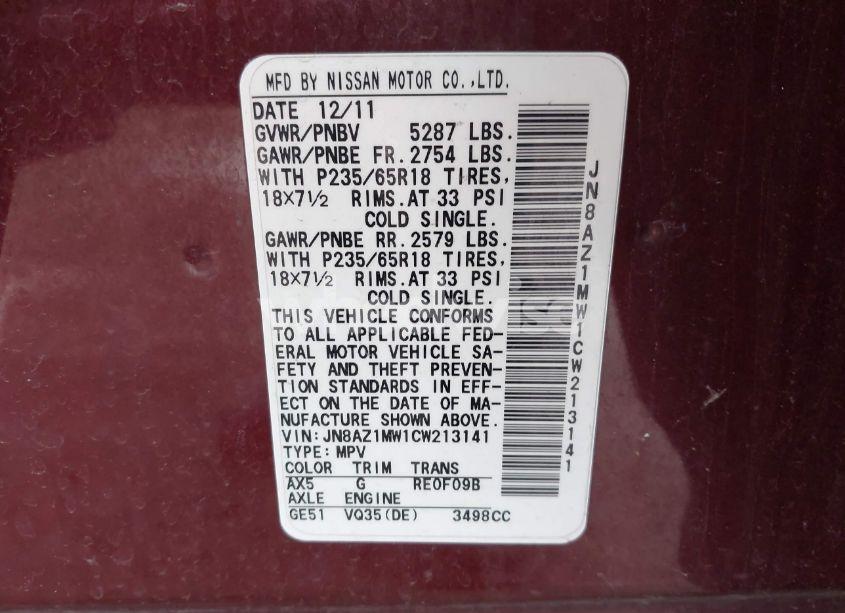 Photo 9 of 2012 Nissan Murano SL (VIN JN8AZ1MW1CW213141)