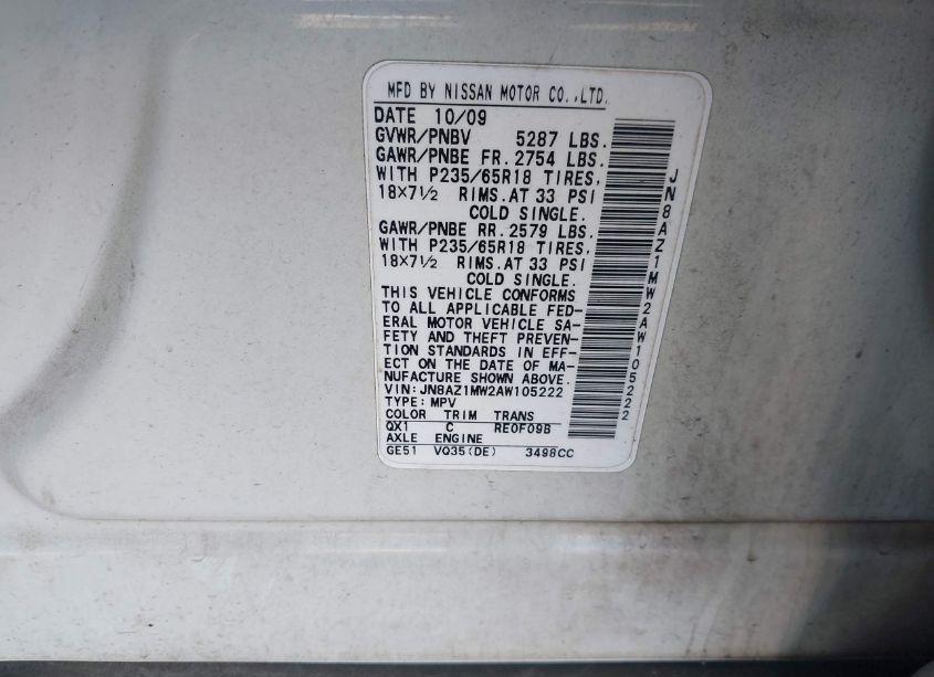 Photo 3 of 2010 Nissan Murano S/SL/LE (VIN JN8AZ1MW2AW105222)