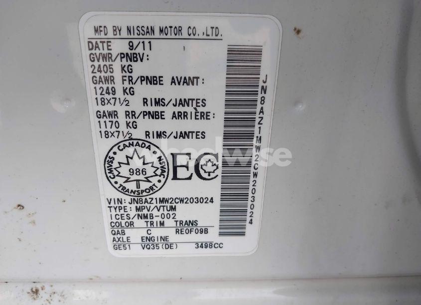 Photo 9 of 2012 Nissan Murano SV (VIN JN8AZ1MW2CW203024)