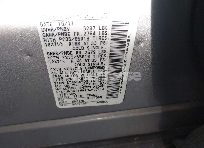 Photo 9 of 2012 Nissan Murano SL (VIN JN8AZ1MW2CW207414)