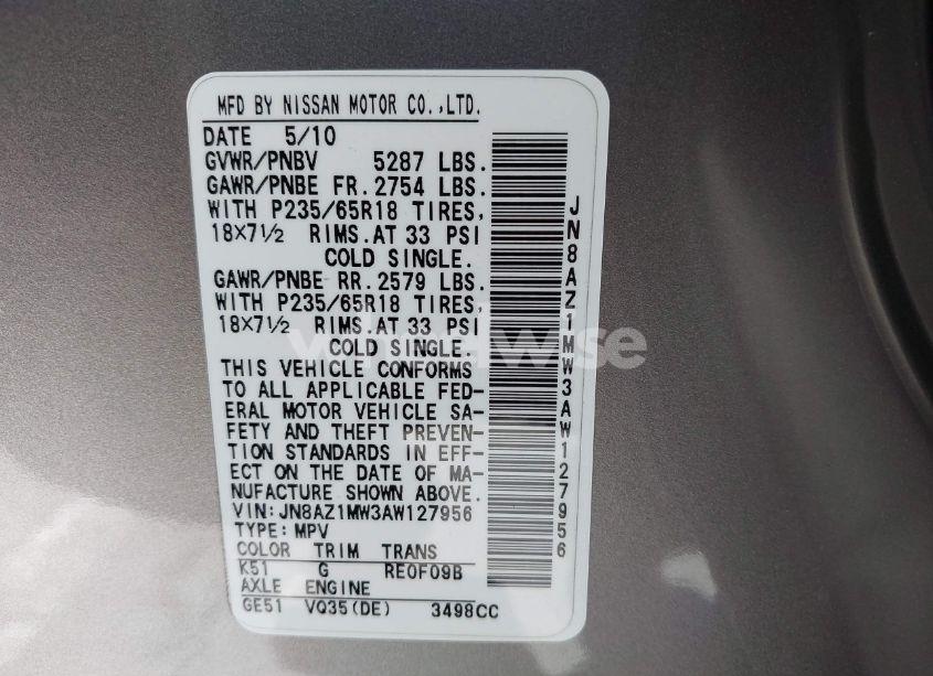 Photo 9 of 2010 Nissan Murano SL (VIN JN8AZ1MW3AW127956)