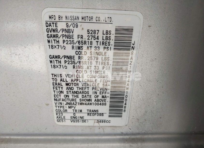 Photo 2 of 2010 Nissan Murano SL (VIN JN8AZ1MW4AW100488)