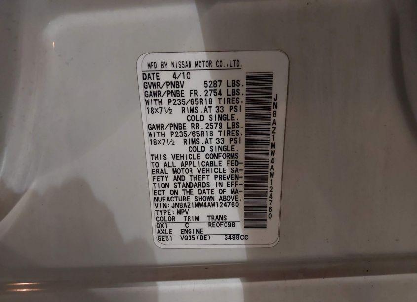 Photo 3 of 2010 Nissan Murano S (VIN JN8AZ1MW4AW124760)