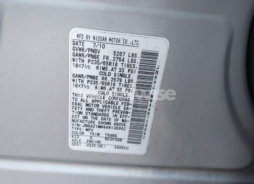 Photo 5 of 2010 Nissan Murano SL (VIN JN8AZ1MW4AW136892)