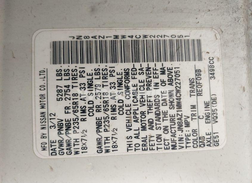 Photo 9 of 2012 Nissan Murano SL (VIN JN8AZ1MW4CW227051)