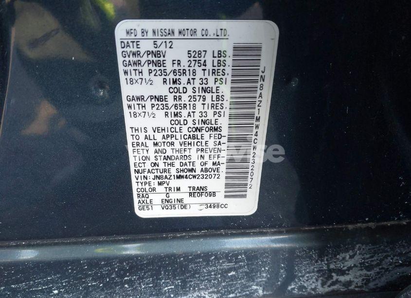 Photo 3 of 2012 Nissan Murano SL (VIN JN8AZ1MW4CW232072)