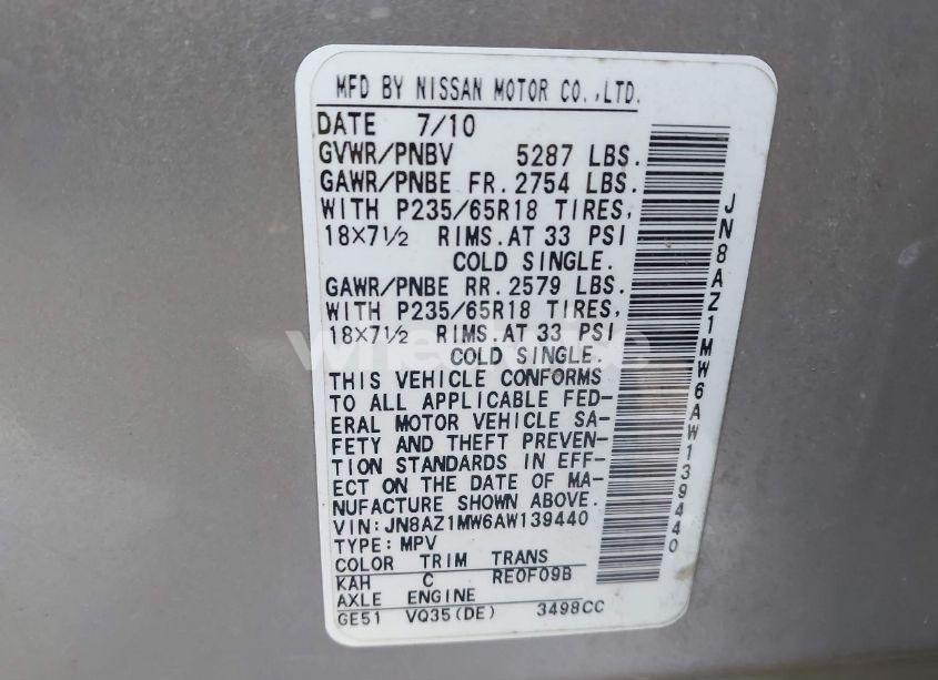 2010 Nissan Murano S (VIN JN8AZ1MW6AW139440) main photo