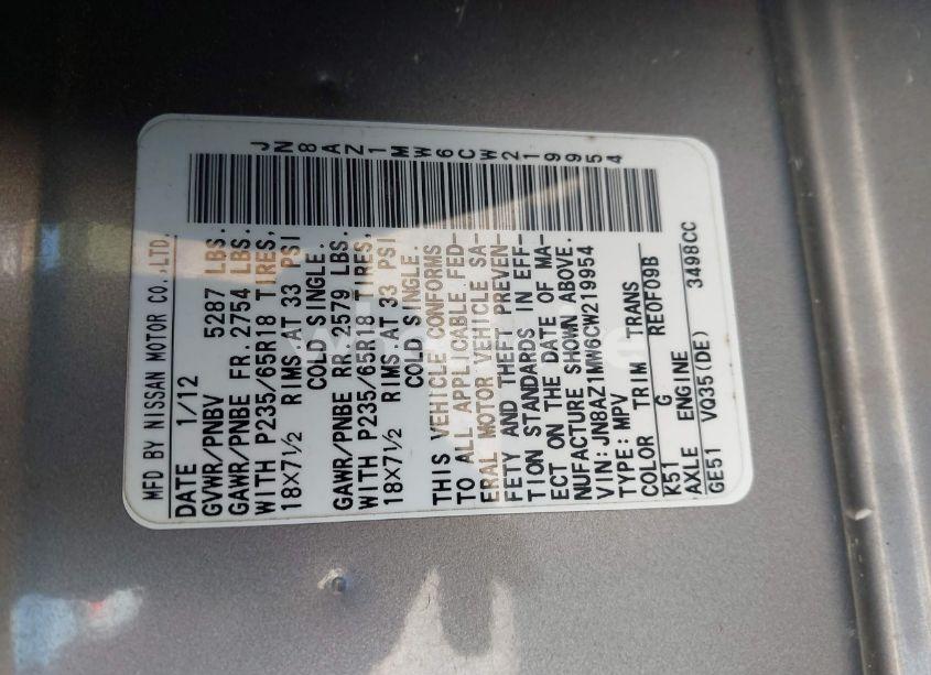 Photo 9 of 2012 Nissan Murano SL (VIN JN8AZ1MW6CW219954)