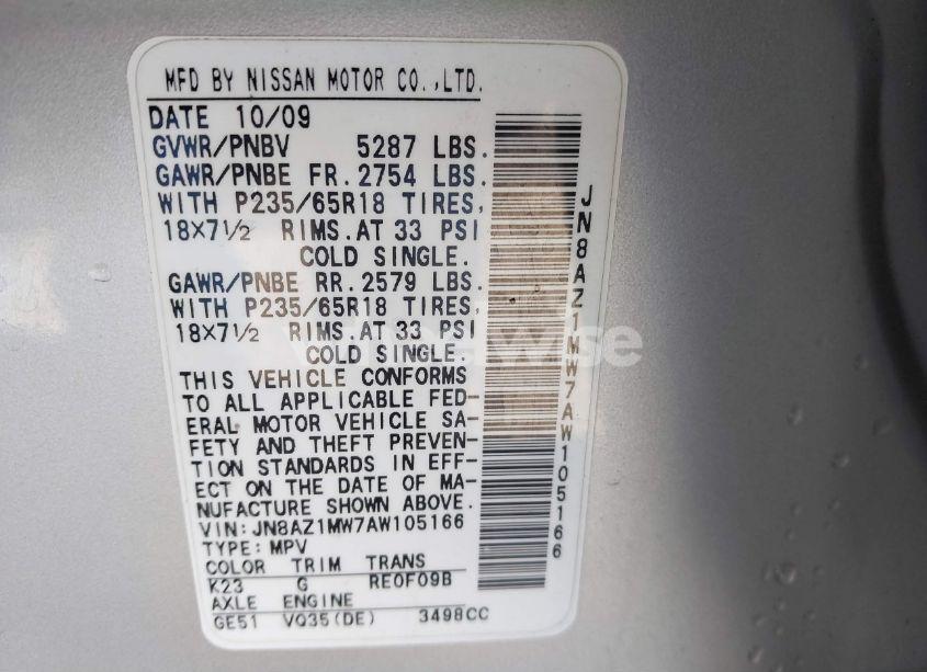 Photo 3 of 2010 Nissan Murano SL (VIN JN8AZ1MW7AW105166)