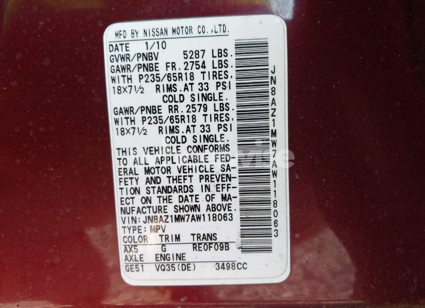 Photo 3 of 2010 Nissan Murano SL (VIN JN8AZ1MW7AW118063)