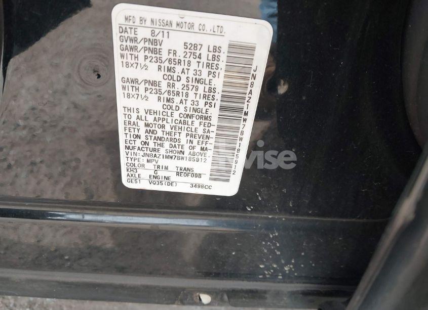 Photo 3 of 2011 Nissan Murano S (VIN JN8AZ1MW7BW185912)