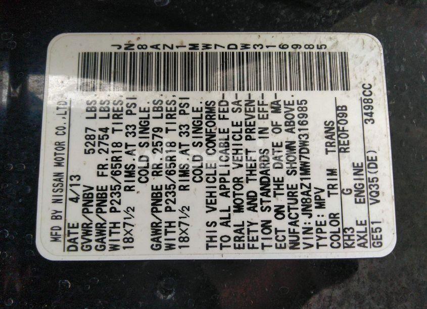 Photo 9 of 2013 Nissan Murano SL (VIN JN8AZ1MW7DW316985)