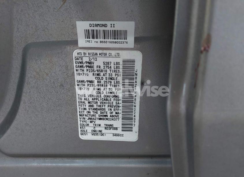 Photo 4 of 2012 Nissan Murano S (VIN JN8AZ1MW8CW224377)