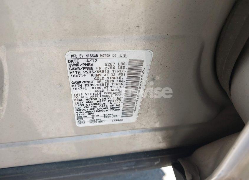 Photo 4 of 2012 Nissan Murano S (VIN JN8AZ1MW8CW227408)