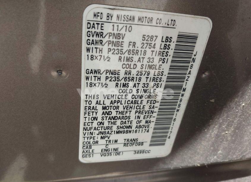 Photo 9 of 2011 Nissan Murano S (VIN JN8AZ1MW9BW161174)