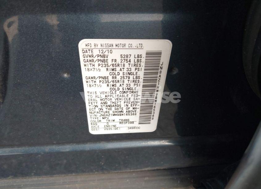 Photo 9 of 2011 Nissan Murano SL (VIN JN8AZ1MW9BW165368)