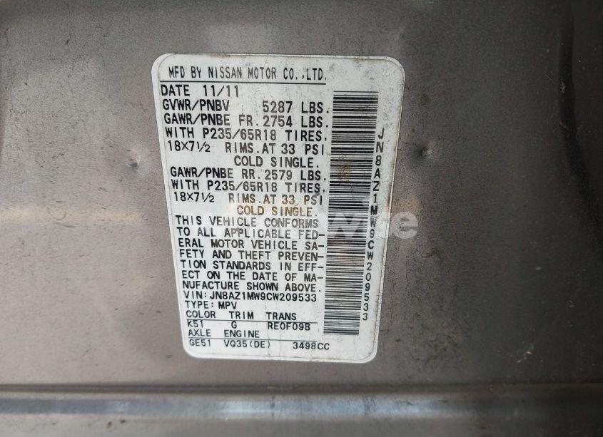 Photo 9 of 2012 Nissan Murano SL (VIN JN8AZ1MW9CW209533)