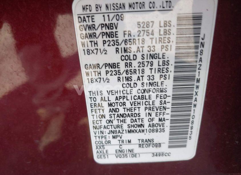 Photo 2 of 2010 Nissan Murano SL (VIN JN8AZ1MWXAW108935)