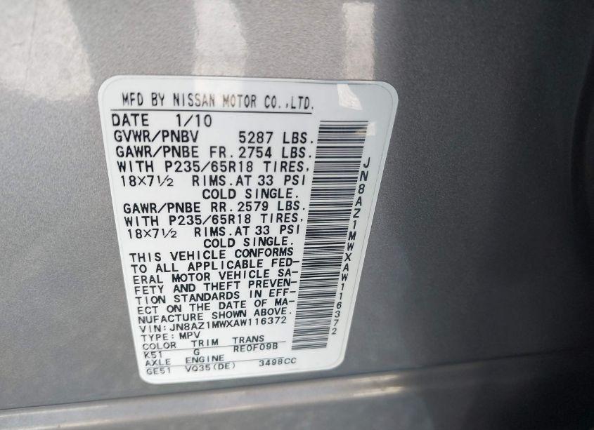 Photo 4 of 2010 Nissan Murano SL (VIN JN8AZ1MWXAW116372)