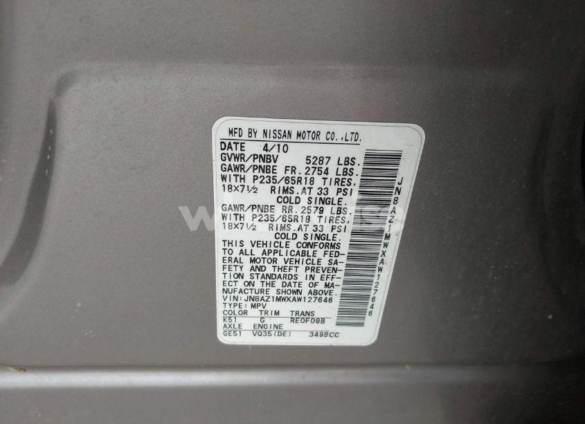 Photo 9 of 2010 Nissan Murano SL (VIN JN8AZ1MWXAW127646)