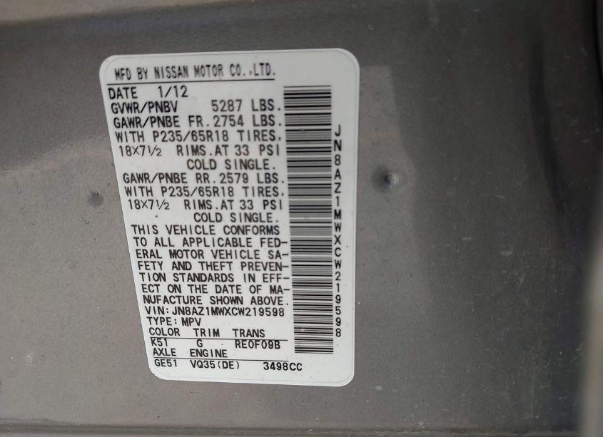 Photo 3 of 2012 Nissan Murano SL (VIN JN8AZ1MWXCW219598)